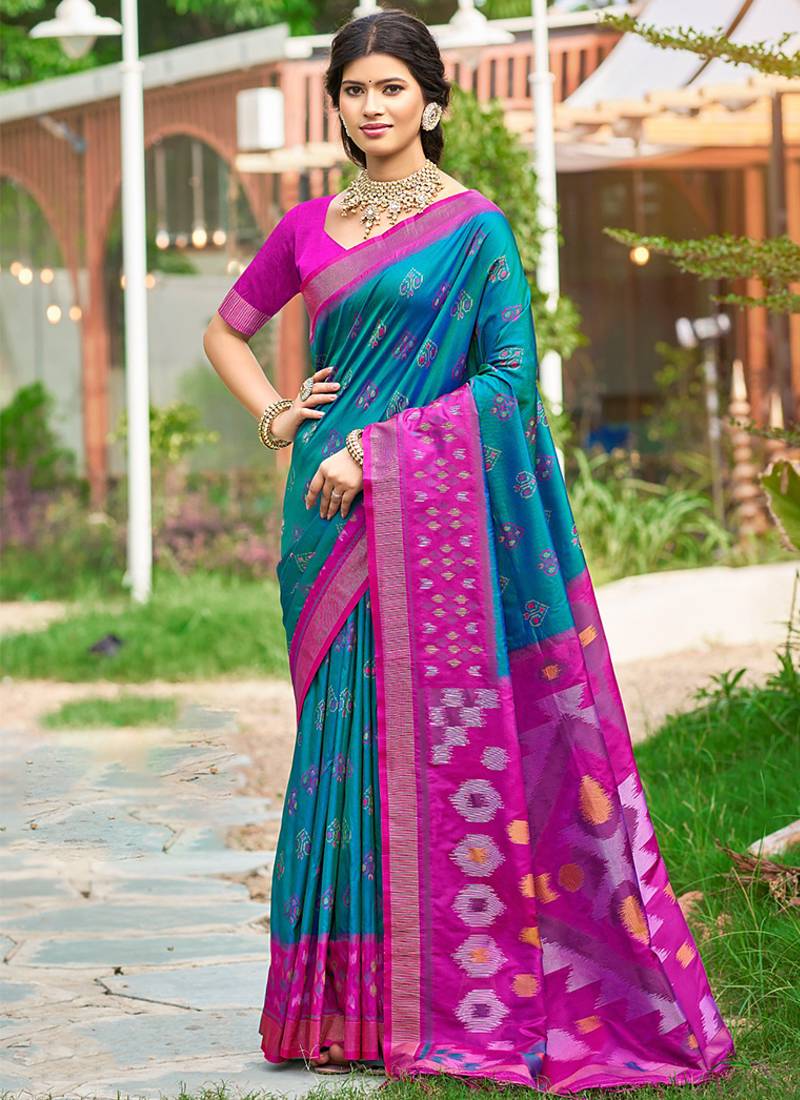 Teal blue & magenta paithani silk blend saree with woven border