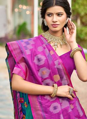 Teal blue & magenta paithani silk blend saree with woven border 2