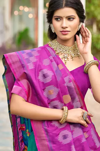 Teal blue & magenta paithani silk blend saree with woven border
