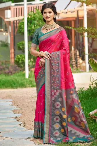 Rani pink & grey paithani silk blend saree with woven border