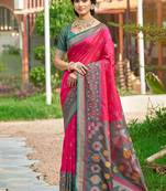 Rani pink & grey paithani silk blend saree with woven border