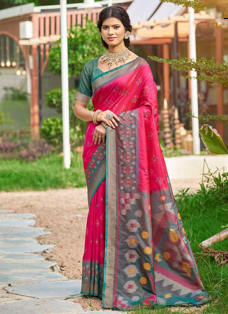 Rani pink & grey paithani silk blend saree with woven border