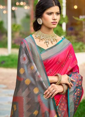 Rani pink & grey paithani silk blend saree with woven border 2
