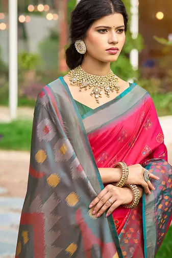 Rani pink & grey paithani silk blend saree with woven border