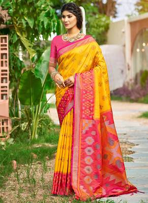 Mustard & hot pink paithani silk blend saree with woven border 1