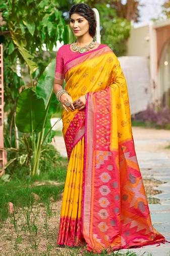 Mustard & hot pink paithani silk blend saree with woven border