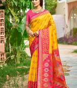 Mustard & hot pink paithani silk blend saree with woven border
