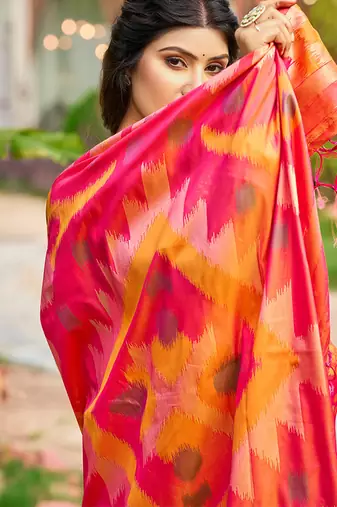 Mustard & hot pink paithani silk blend saree with woven border