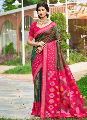 Olive green & rani pink paithani silk blend saree with woven border 1