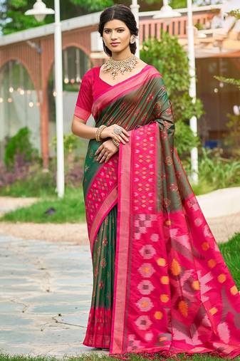 Olive green & rani pink paithani silk blend saree with woven border