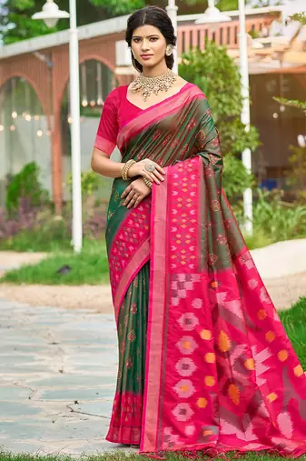 Olive green & rani pink paithani silk blend saree with woven border