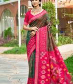 Olive green & rani pink paithani silk blend saree with woven border
