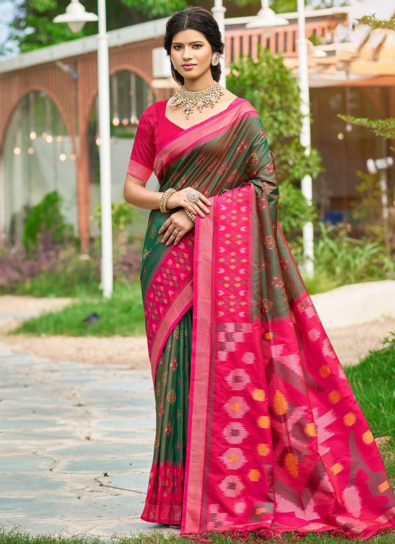 Olive green & rani pink paithani silk blend saree with woven border