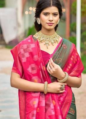 Olive green & rani pink paithani silk blend saree with woven border 2