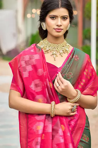 Olive green & rani pink paithani silk blend saree with woven border