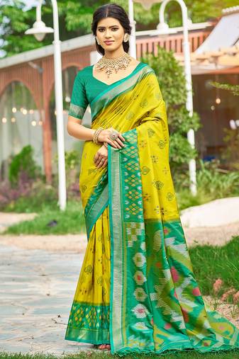 Lime yellow & green paithani silk blend saree with woven border