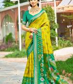 Lime yellow & green paithani silk blend saree with woven border