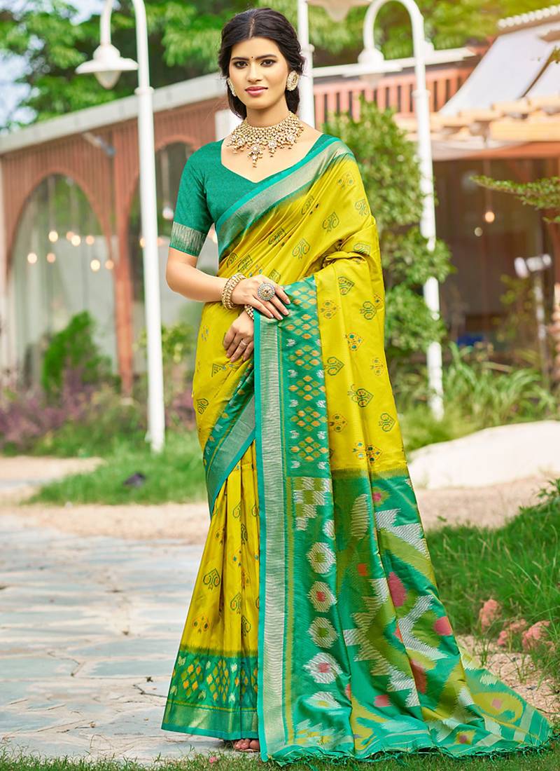 Lime yellow & green paithani silk blend saree with woven border