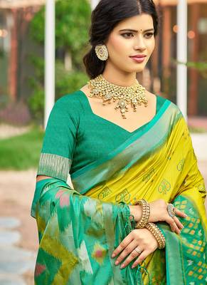 Lime yellow & green paithani silk blend saree with woven border 2
