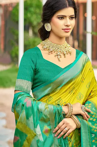 Lime yellow & green paithani silk blend saree with woven border