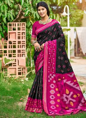 Black & magenta pink paithani silk blend saree with woven border 1