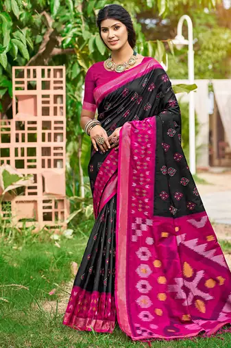 Black & magenta pink paithani silk blend saree with woven border