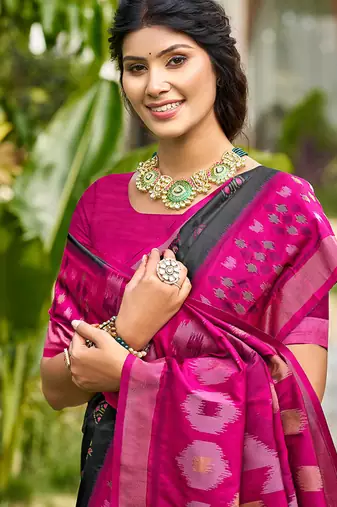 Black & magenta pink paithani silk blend saree with woven border
