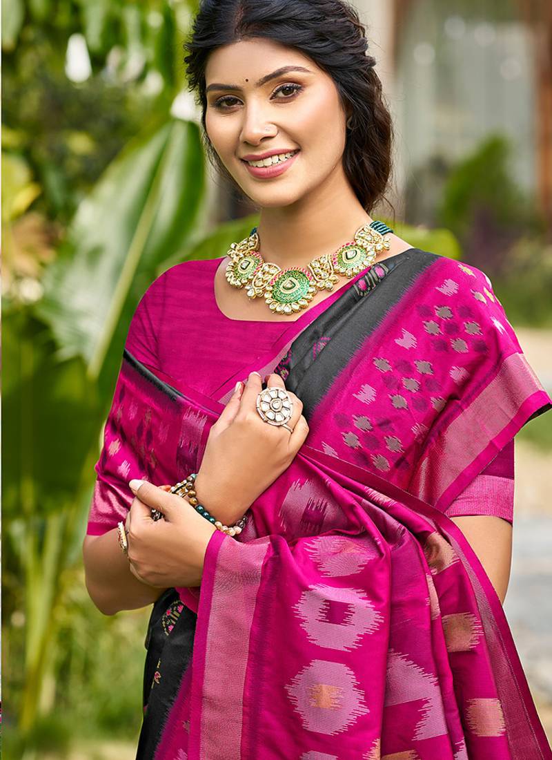 Black & magenta pink paithani silk blend saree with woven border