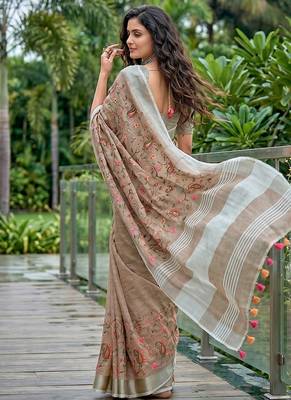 Brown linen cotton blend saree with floral embroidery & tassel pallu 2