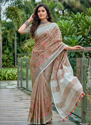 Brown linen cotton blend saree with floral embroidery & tassel pallu 3