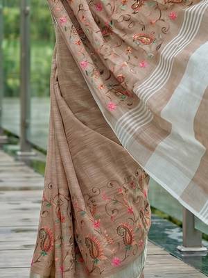 Brown linen cotton blend saree with floral embroidery & tassel pallu 4