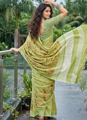 Pista green linen cotton blend saree with floral embroidery & tassel pallu 2