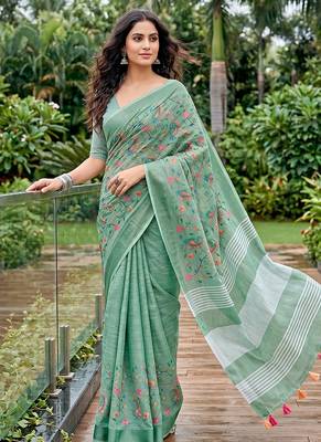 Sea green linen cotton blend saree with floral embroidery & tassel pallu 1