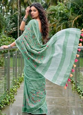 Sea green linen cotton blend saree with floral embroidery & tassel pallu 2