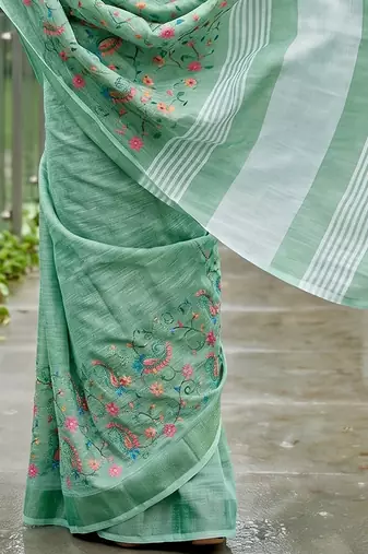 Sea green linen cotton blend saree with floral embroidery & tassel pallu