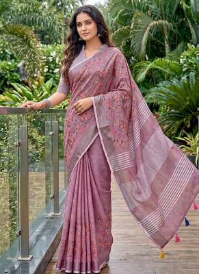 Onion pink linen cotton blend saree with floral embroidery & tassel pallu 1