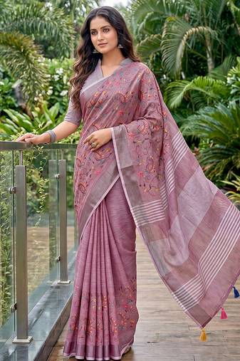 Onion pink linen cotton blend saree with floral embroidery & tassel pallu