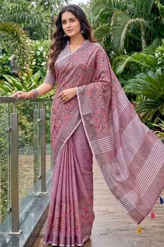 Onion pink linen cotton blend saree with floral embroidery & tassel pallu