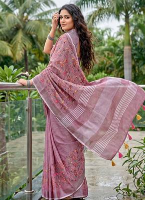 Onion pink linen cotton blend saree with floral embroidery & tassel pallu 2