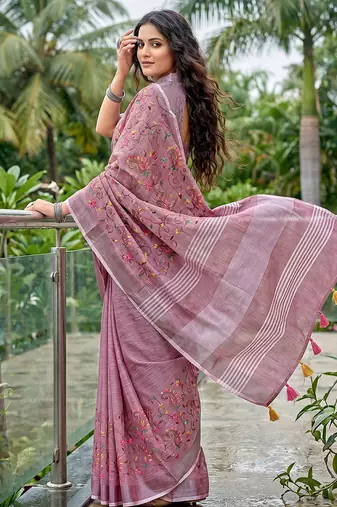 Onion pink linen cotton blend saree with floral embroidery & tassel pallu