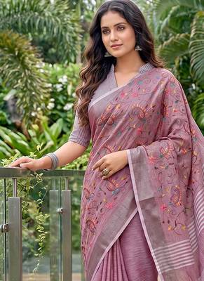 Onion pink linen cotton blend saree with floral embroidery & tassel pallu 3