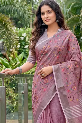 Onion pink linen cotton blend saree with floral embroidery & tassel pallu