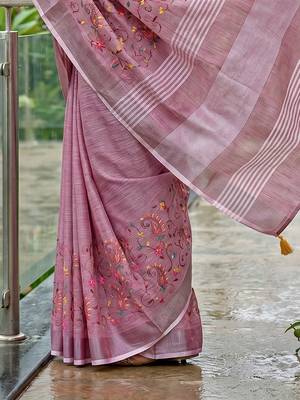 Onion pink linen cotton blend saree with floral embroidery & tassel pallu 4