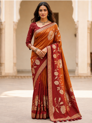 Brown Color Designer Pallu With Shine Elegant Tassel Fumka Hand Made Khaddi Crepe Georgette Saree 1