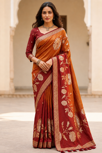 Brown Color Designer Pallu With Shine Elegant Tassel Fumka Hand Made Khaddi Crepe Georgette Saree