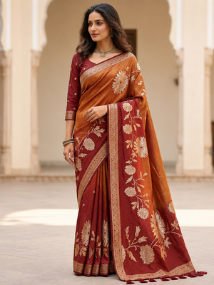 Brown Color Designer Pallu With Shine Elegant Tassel Fumka Hand Made Khaddi Crepe Georgette Saree 2