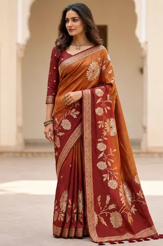 Brown Color Designer Pallu With Shine Elegant Tassel Fumka Hand Made Khaddi Crepe Georgette Saree