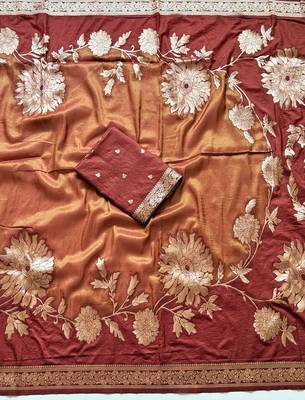Brown Color Designer Pallu With Shine Elegant Tassel Fumka Hand Made Khaddi Crepe Georgette Saree 3