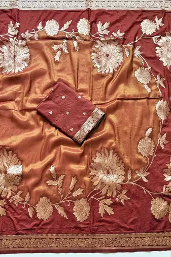 Brown Color Designer Pallu With Shine Elegant Tassel Fumka Hand Made Khaddi Crepe Georgette Saree