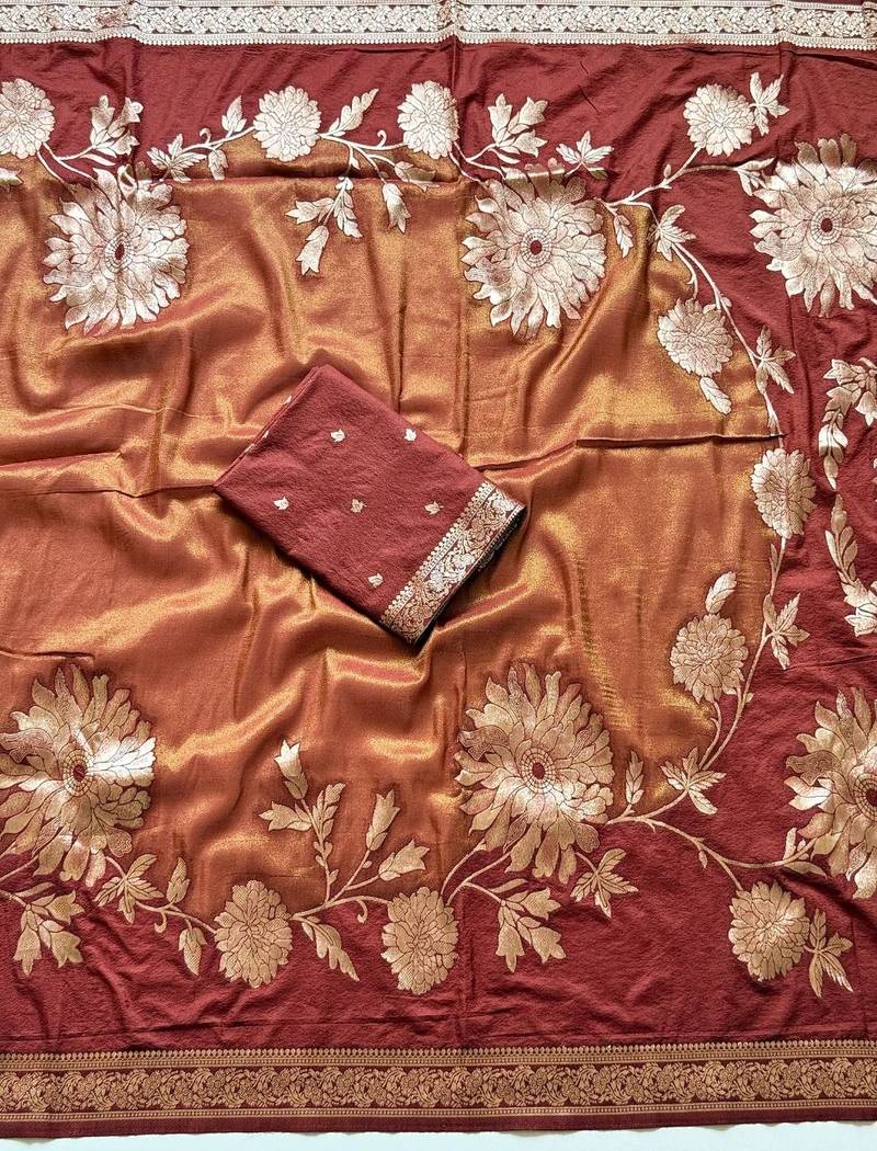 Brown Color Designer Pallu With Shine Elegant Tassel Fumka Hand Made Khaddi Crepe Georgette Saree